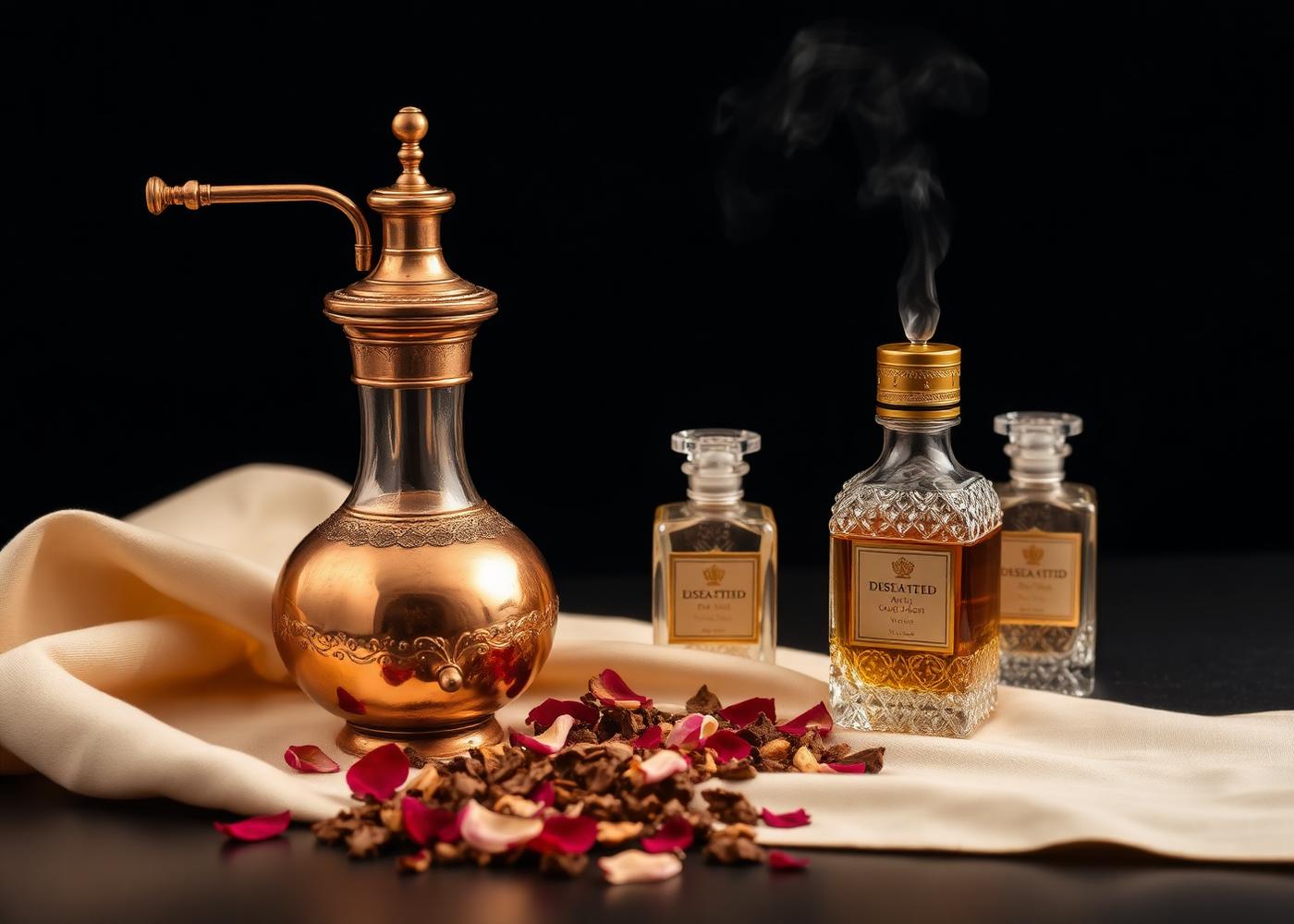 Copper still, crystal attar flacons and rose petals on cream silk