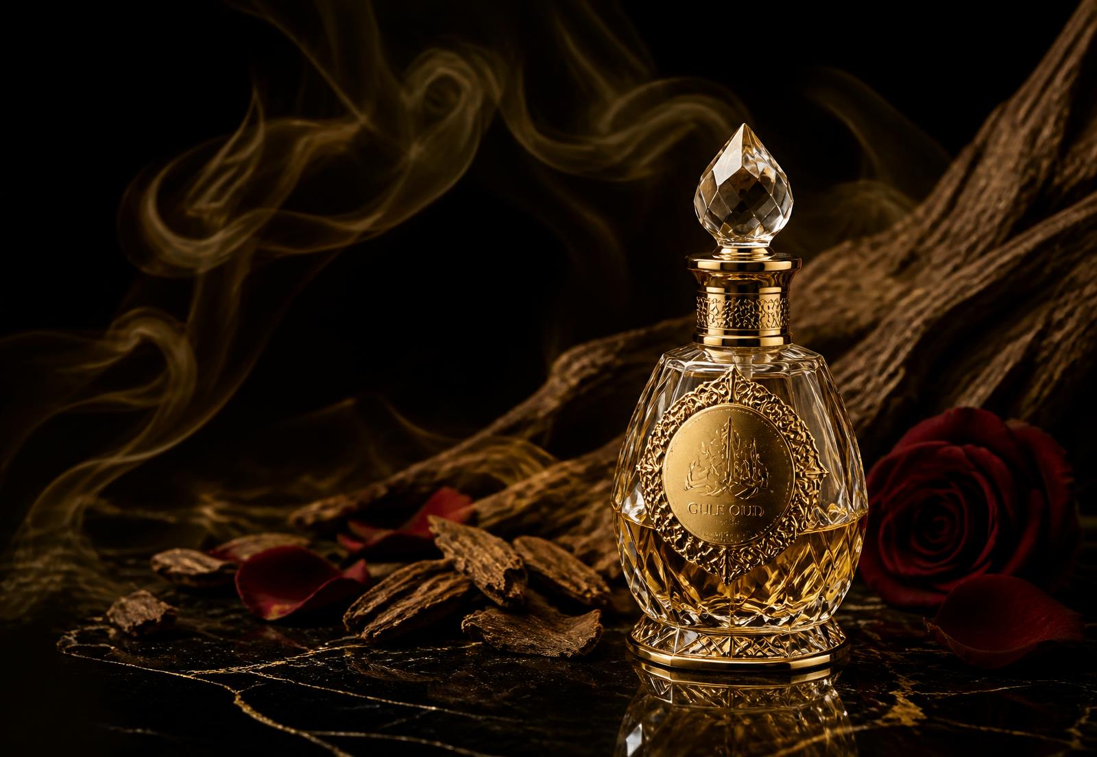 Crystal and gold attar bottle with oud wood and rose petals